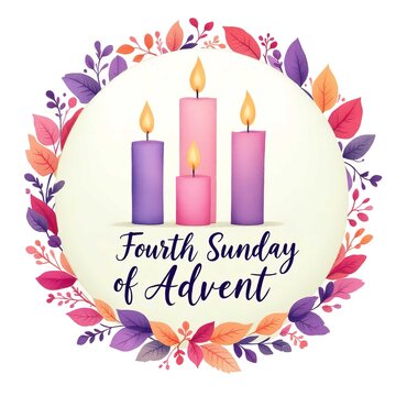 Fourth sunday of advent illustration with four burning candles in a wreath of autumn leaves