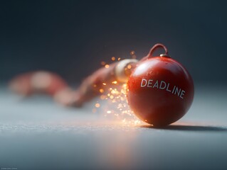 Glossy red bomb labeled “DEADLINE” with an active burning fuse emitting sparks. The scene visualizes urgent pressure caused by delayed work