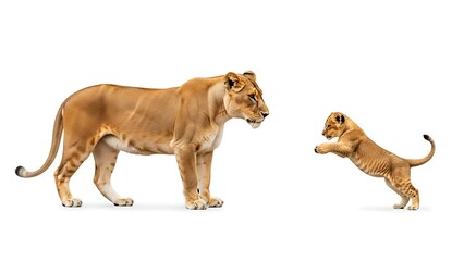 Obraz premium Majestic Lioness and Playful Cub on White Background.