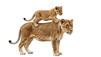 Obraz premium Majestic Lioness and Playful Cub Together on White Background.
