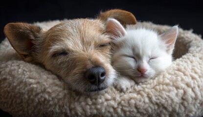 Adorable small brown dog with textured fur and a fluffy white kitten with soft, silky coat snuggling together on a cozy, plush blanket