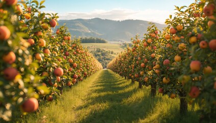 Obraz premium Beautiful Apple Orchard Pathway with Lush Green Trees and Mountains