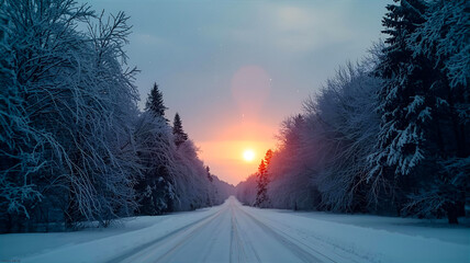 長く続く冬の道と日の出の風景
