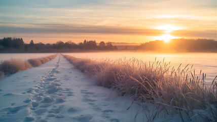 美しい冬の野原の夜明け