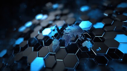 An abstract representation of a digital world with hexagonal shapes and glowing blue elements, symbolizing connectivity and innovation.