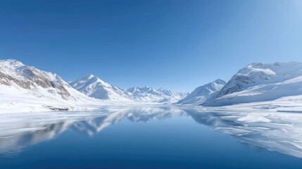 Obraz premium Serene Glacial Landscape with Snow-Capped Mountains and Clear Blue Sky Reflecting on Tranquil Water Surface in the Heart of Nature's Majesty
