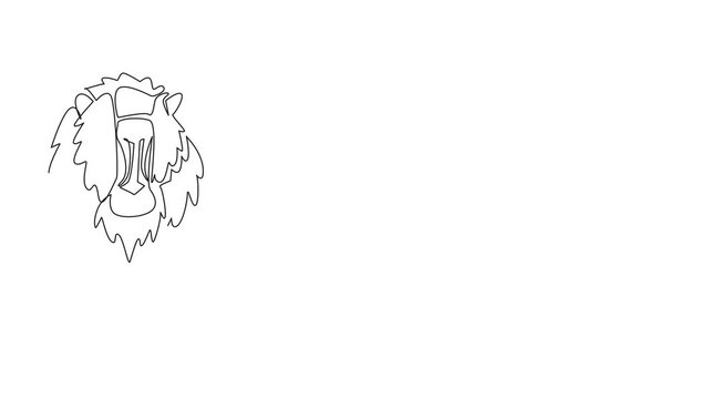 Self drawing animation of continuous line drawing of a mandrill waving hand behind a wall, emphasizing its colorful face in a simplified style. International Monkey Day. Full length animated