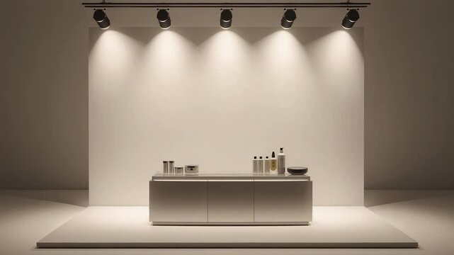 Pulling camera revealing low cabinet on platform, track lights widening and displaying products