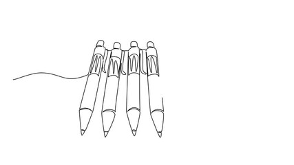 Animated self drawing of continuous line drawing shows several ballpoint pens aligned together, representing writing, and business of National Ballpoint Pen Day. Full length single line animation