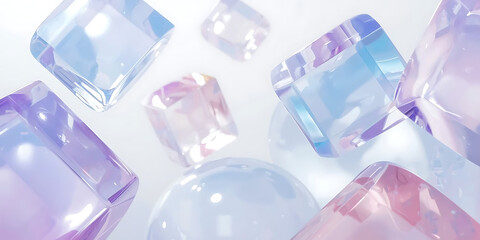 3D Abstract Background with Glass Block Pattern. Clear Crystal Cubes Stacked with Pink & Blue Holographic Gradient Reflection. Futuristic Glossy Geometric Design.