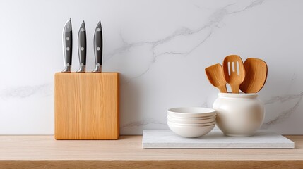 Kitchen utensils on wooden shelf with knife block and bowls arrangement showcasing modern culinary tools and minimalistic design for home chefs and food lovers