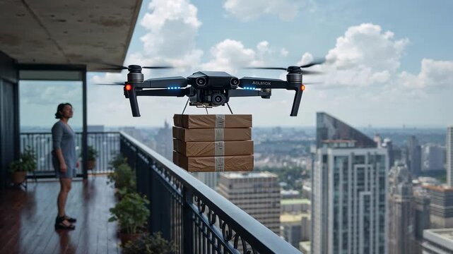 Coming drone receiving order, hovering by highrise balcony, carrying boxes, woman in dress watching