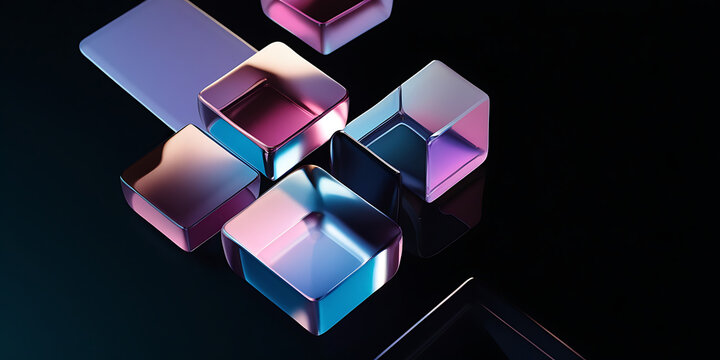 3D dark background with abstract glass block pattern. Crystal glossy square or rectangle shapes stacked with pink blue hologram gradient reflection. Futuristic digital tech banner