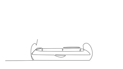 Animation of one line drawing depicts a ballpoint pen placed neatly inside an elegant presentation box, representing professional writing tools, concept National Ballpoint Pen Day. Full length motion