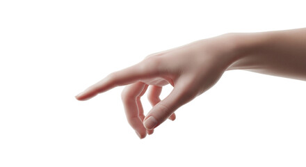 Female hand pointing down with index finger isolated on transparent background for digital interface interaction or selection concept