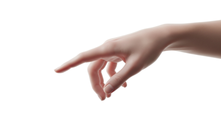 Female hand pointing down with index finger isolated on transparent background for digital interface interaction or selection concept