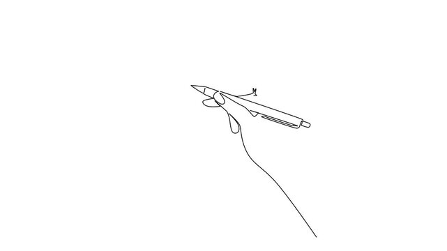Animated self drawing of continuous line drawing a human hand holding a ballpoint pen ready to write, symbolizing knowledge business for National Ballpoint Pen Day. Full length single line animation