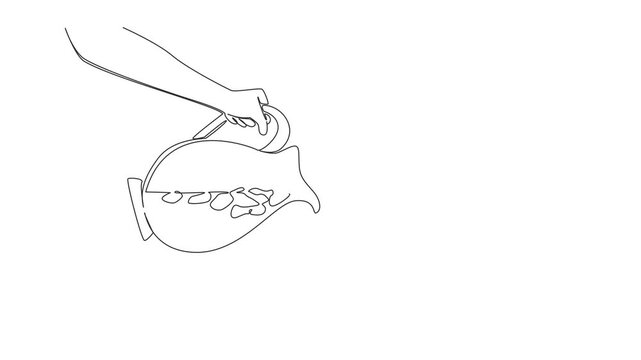 Animated self drawing of hand pouring iced tea into a glass with ice cubes and lemon garnish from pitcher, drawn in one line drawing, National Iced Tea Day. Full length single line animation