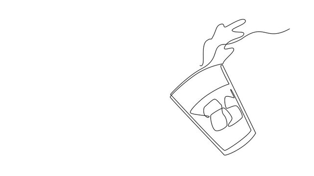 Animation of continuous line drawing of a tilted soda float glass splashing with ice and ice cream, showing playful energy in a beverage concept for National Black Cow Day. Full length motion