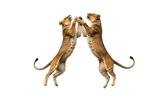 Two lions fighting playfully on a white background. - Powered by Adobe