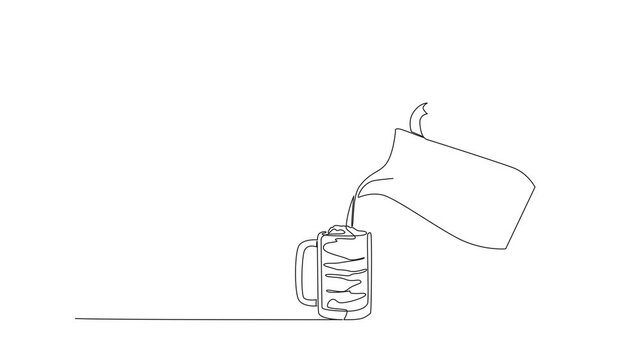 Self drawing animation of single line drawing a hand pouring soda from a jug into a whipped cream float mug, designed as a beverage concept animation for National Black Cow Day. Full length animated