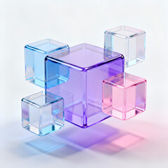 3D pastel light background with abstract glass block pattern. Crystal glossy square or rectangle shapes with pink blue hologram gradient, motion effect. Futuristic digital tech banner