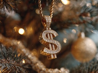 Luxury golden dollar symbol pendant with rhinestones hanging on Christmas tree
