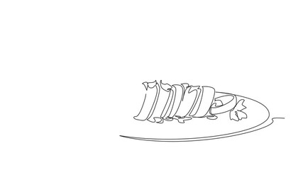 Animated self drawing of single line drawing of rolled egg snacks with lemon and greens on a plate, animating food concept for National Egg Roll Day celebration. Full length single line animation