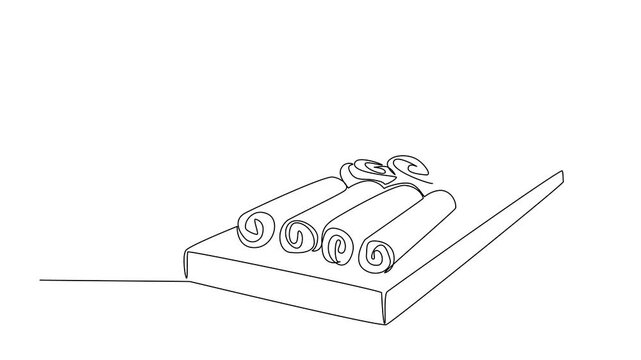 Self drawing animation of single line drawing of egg rolls arranged on a wooden board with sauce and lemon, focusing on food concept for National Egg Roll Day celebration. Full length animated