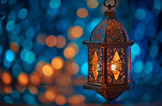 Ramadan lantern islamic ornate brass glowing bokeh blue warm ambiance with serenity - Powered by Adobe