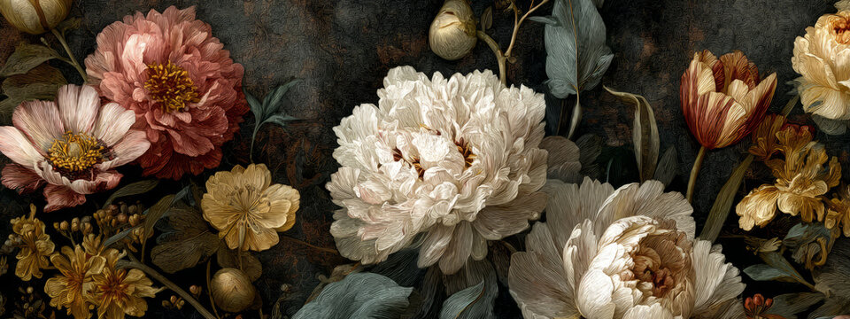 Vintage floral pattern muted palette peony tulip botanical art with gentle charm