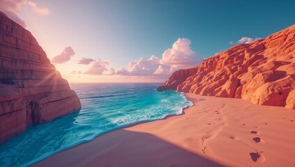 Serene Sunset at the Beach with Rock Formations and Soft Waves