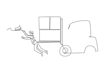 Animated self drawing of one line drawing vector depicting forklift accident risk for National Forklift Safety Day, symbolizing hazard awareness in industry safety. Full length single line animation