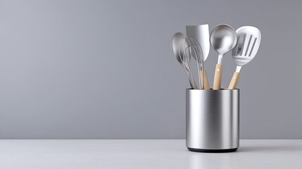 Stainless Steel Kitchen Utensils in a Modern Holder on a Minimalist Grey Background for Culinary and Cooking Concepts in Professional and Home Settings