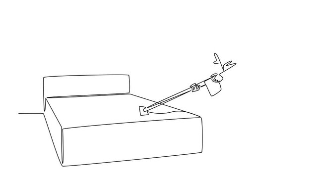 Animation of continuous line drawing of a worker with mask cleaning and disinfecting a mattress with emphasizing health of National Bed Bug Prevention Day awareness design. Full length motion