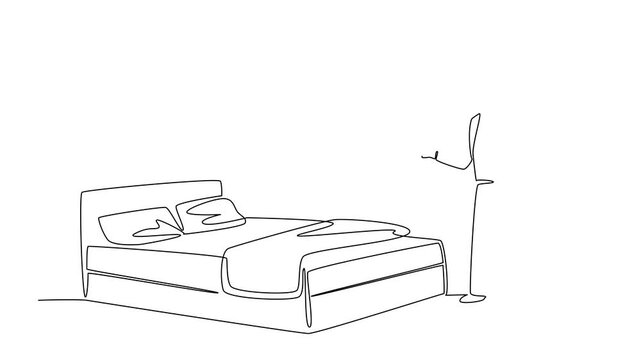 Self drawing animation of single line drawing of a masked worker spraying disinfectant on a bed, pest control for National Bed Bug Prevention Day in one line drawing style. Full length animated