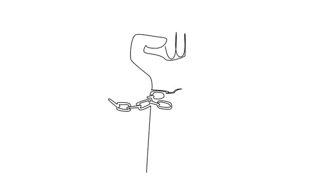 Animation of striking single line drawing of a raised fist breaking chains, symbolizing empowerment, reflecting the freedom and justice theme of Abolition Day in activism concept. Full length motion