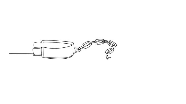 Animated self drawing of continuous line drawing showing broken handcuffs as a symbol of justice and liberation of Abolition Day in a human rights concept design. Full length single line animation