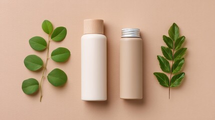 Minimalist Skin Care Arrangement with Natural Leaves on Soft Beige Background for Wellness, Spa, and Organic Product Promotion