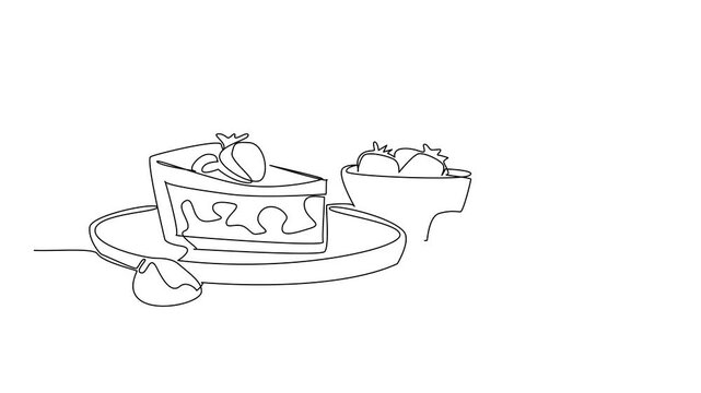 Self drawing animation of one line drawing of strawberry rhubarb pie slice on round plate, decorated with strawberries and cinnamon sticks for National Strawberry Rhubarb Pie Day. Full length animated