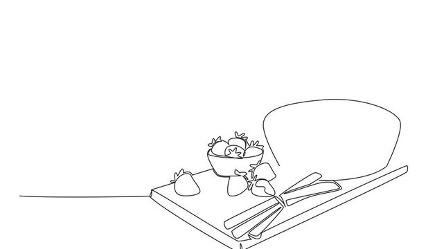 Animated self drawing of continuous line drawing a strawberry rhubarb pie on cutting board served, representing food concept for National Strawberry Rhubarb Pie Day. Full length single line animation