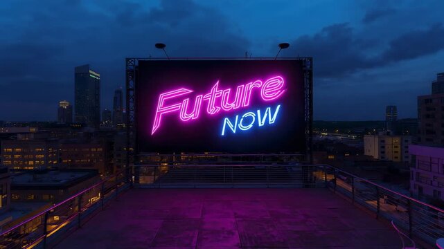 Dusk falling causing neon billboard Future NOW casting magenta glow on roof terrace clouds drifting