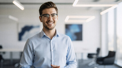 Smiling Young Business Leader in Bright Office &ndash; Clean Professional Portrait with Blurred Background