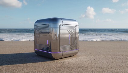 Futuristic Metallic Cube on Sandy Beach with Ocean Background