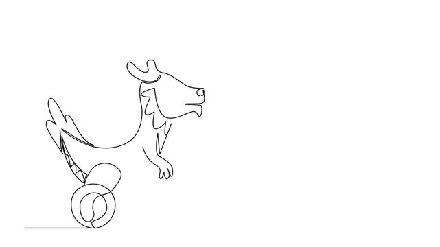 Animated self drawing of wooden dragon wheeled toy designed in single line drawing style, combining fantasy character, playful concept art to create decorative. Full length single line animation