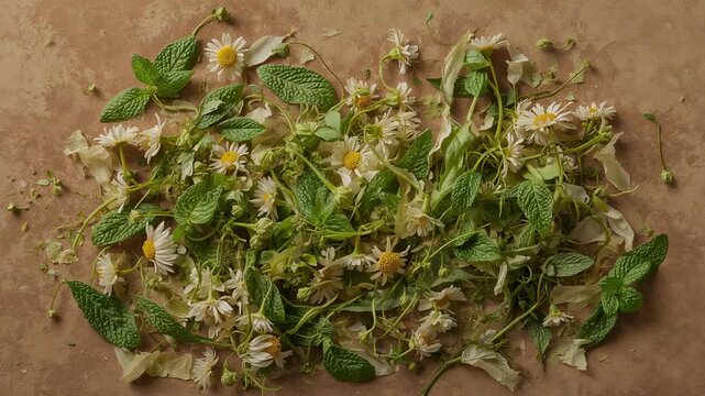 Recording cam adjusting framing and exposure, daisy mint leaves showing texture on warm brown table