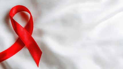 A red awareness ribbon lies gracefully on a smooth white fabric, symbolizing support for various causes, including HIV/AIDS awareness.