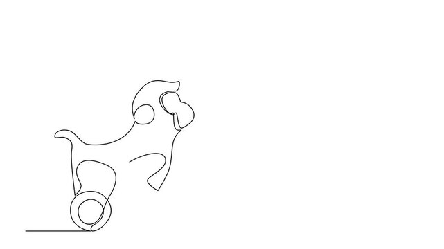 Self drawing animation of single line drawing of a monkey toy on wheels, capturing playful jungle spirit in minimalist art. Animal concept with creative design fun decorative. Full length animated