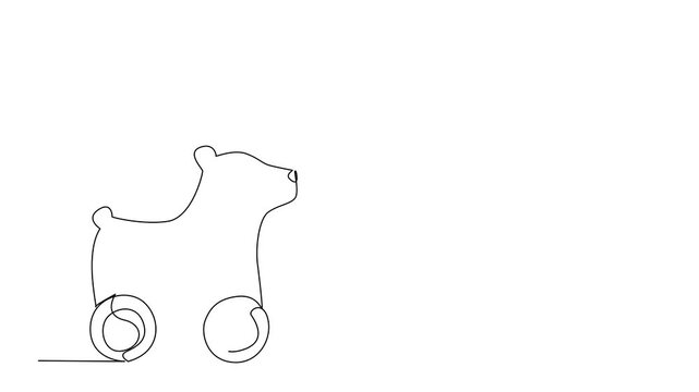 Self drawing animation of continuous line drawing of a polar bear shaped wooden toy on wheels, crafted in one line drawing style. Concept wooden objects and childhood imagination. Full length animated