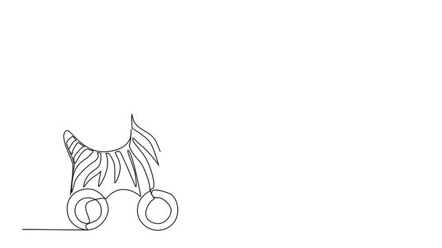 Animation of one line drawing depicts a zebra wooden wheeled toy, designed in art style to reflect playful childhood charm and creativity, ideal for animation and art concept. Full length motion